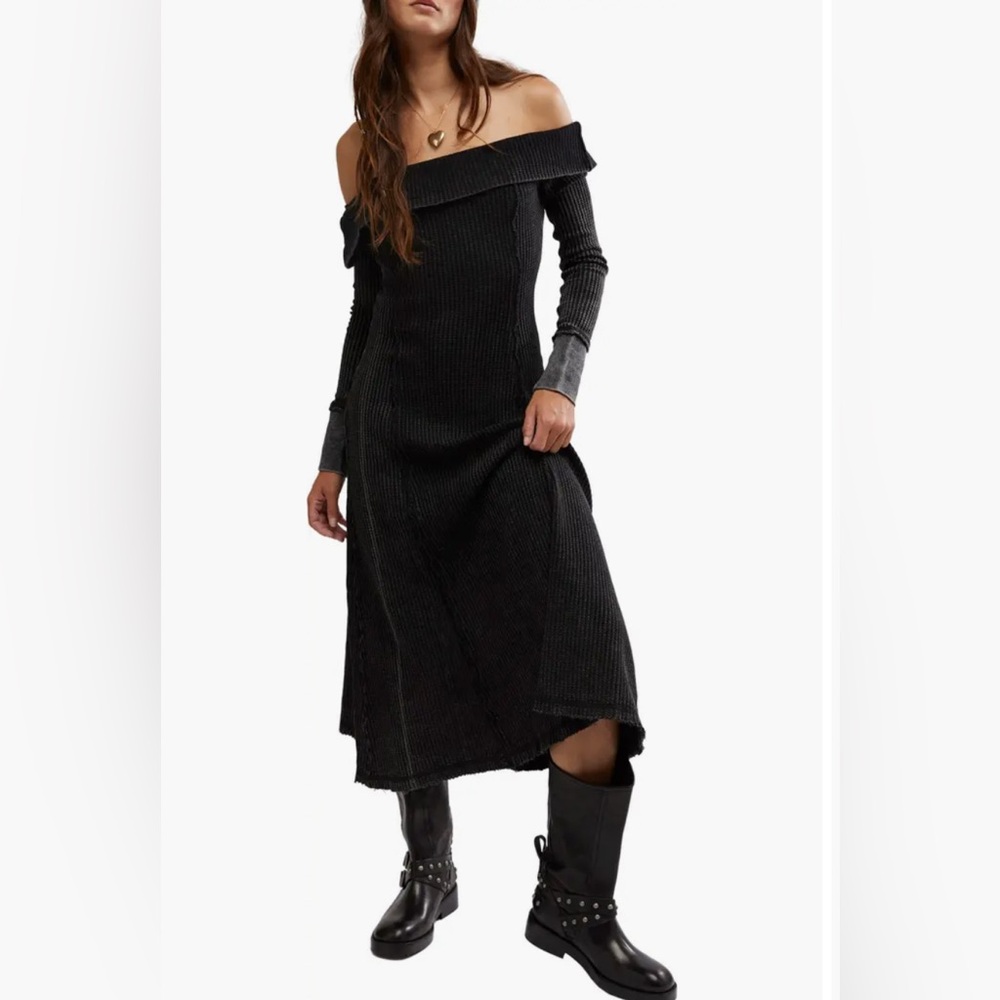Free People Monty Midi Black Off-Shoulder Thermal Knit Dress